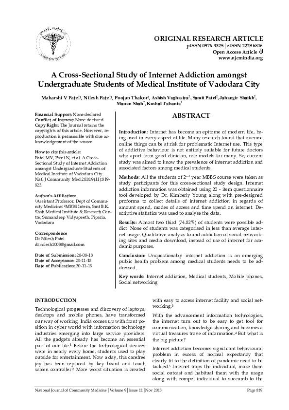 (PDF) A Cross-Sectional Study of Internet Addiction amongst ...