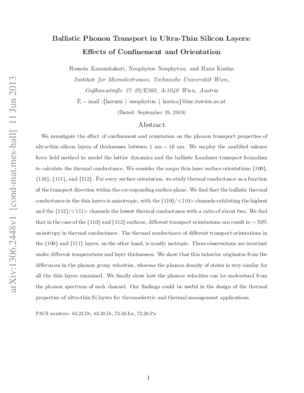 (PDF) Ballistic phonon transport in ultra-thin silicon layers: Effects ...