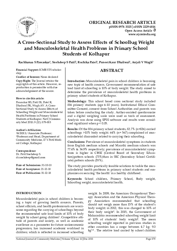 (PDF) A Cross-Sectional Study to Assess Effects of Schoolbag Weight and ...