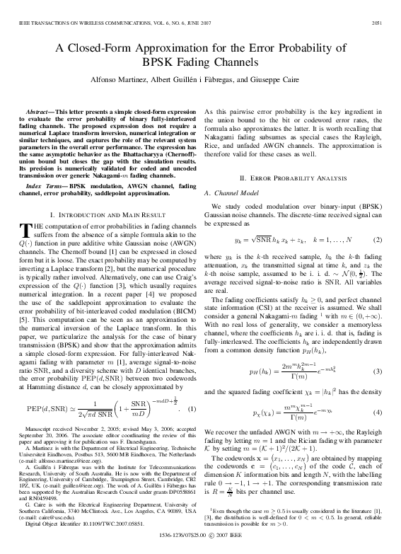 (PDF) A Closed-Form Approximation for the Error Probability of BPSK ...