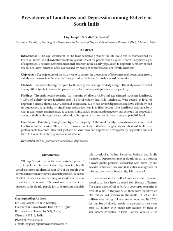 (PDF) Prevalence of Loneliness and Depression among Elderly in South India