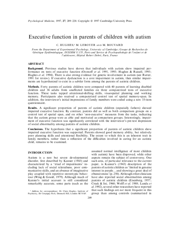 (PDF) Executive function in parents of children with autism