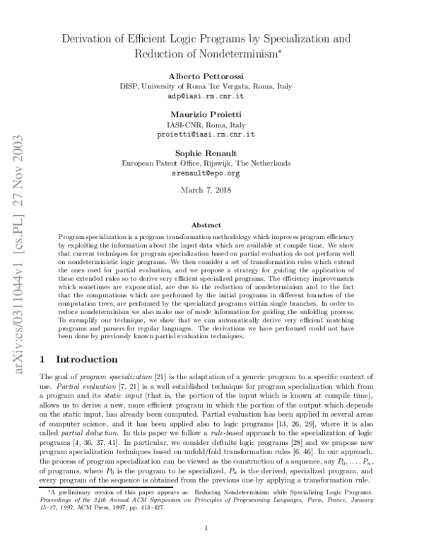 (PDF) Derivation of Efficient Logic Programs by Specialization and ...