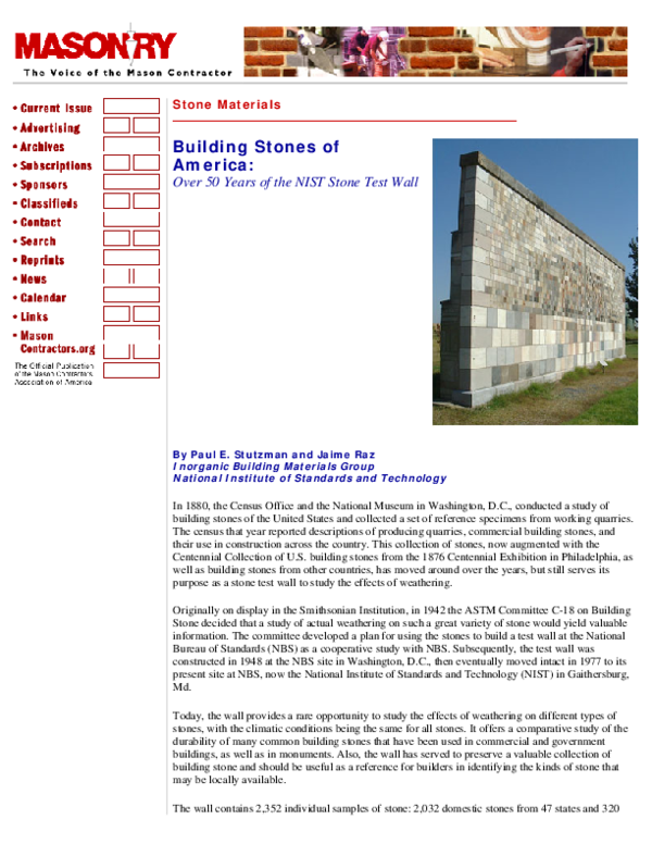 (PDF) Building Stones of America: Over 50 Years of the NIST Stone Test Wall