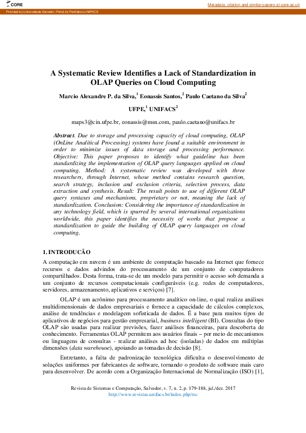 (PDF) A Systematic Review Identifies a Lack of Standardization in Olap ...