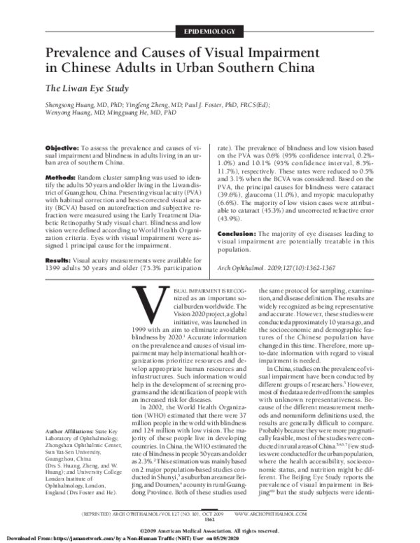 (PDF) Prevalence and Causes of Visual Impairment in Chinese Adults in ...