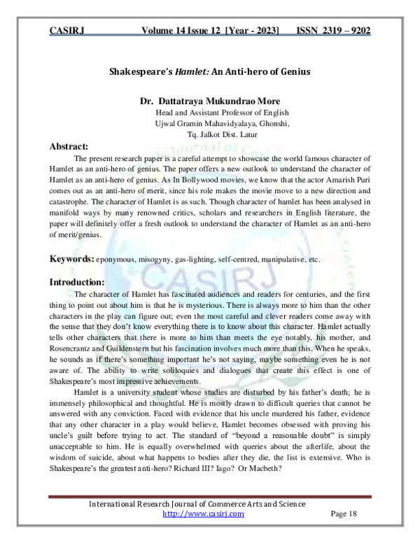 (PDF) Shakespeare's Hamlet: An Anti-hero of Genius