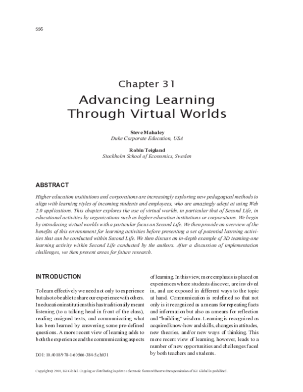 (PDF) Advancing Learning Through Virtual Worlds