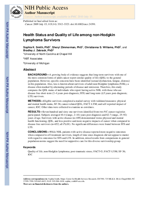 (PDF) Health status and quality of life among non-Hodgkin lymphoma ...