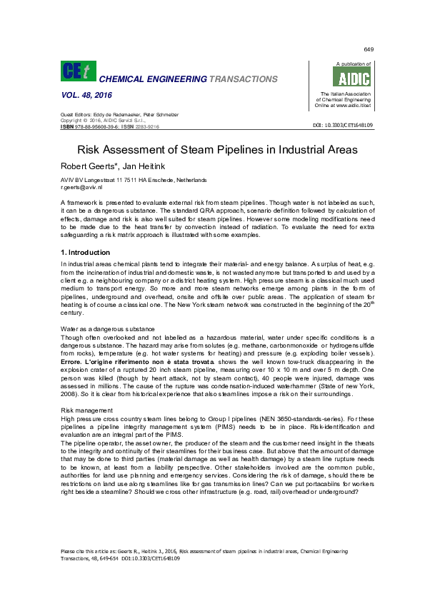 (PDF) Risk Assessment of Steam Pipelines in Industrial Areas