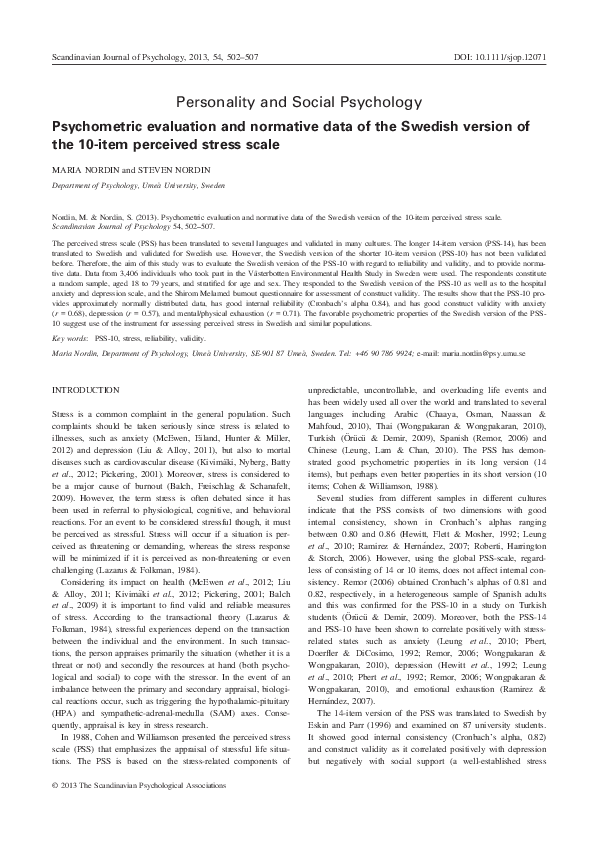 (PDF) Psychometric evaluation and normative data of the Swedish version ...