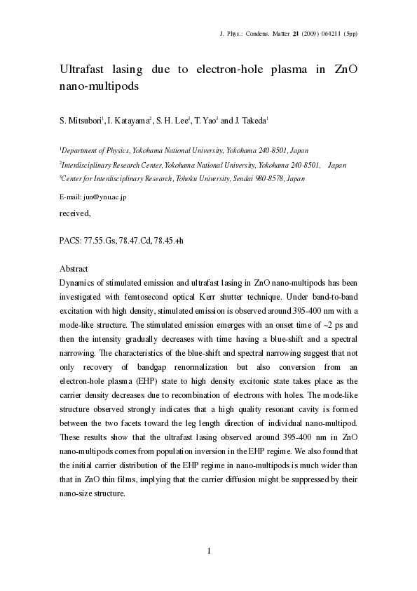 (PDF) Ultrafast lasing due to electron–hole plasma in ZnO nano-multipods