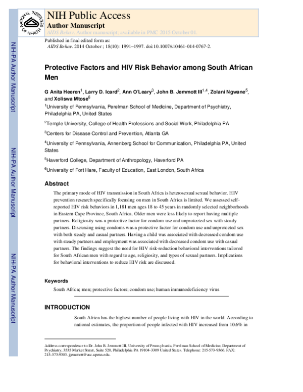 (PDF) Protective Factors and HIV Risk Behavior Among South African Men