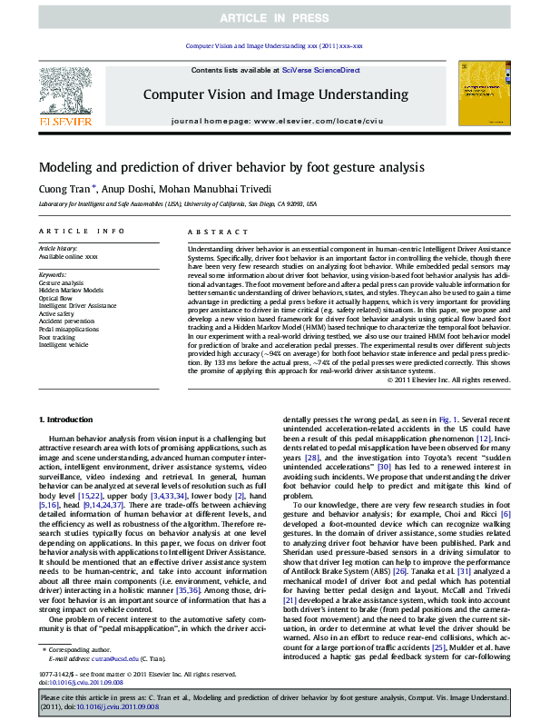 (PDF) Modeling and prediction of driver behavior by foot gesture analysis