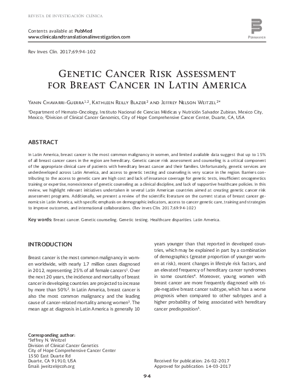 (PDF) Genetic Cancer Risk Assessment for Breast Cancer in Latin America ...