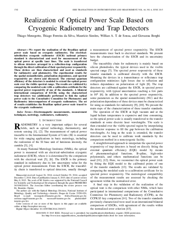 (PDF) Realization of Optical Power Scale Based on Cryogenic Radiometry ...