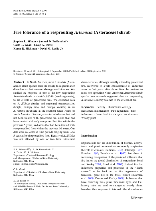 (PDF) Fire tolerance of a resprouting Artemisia (Asteraceae) shrub ...