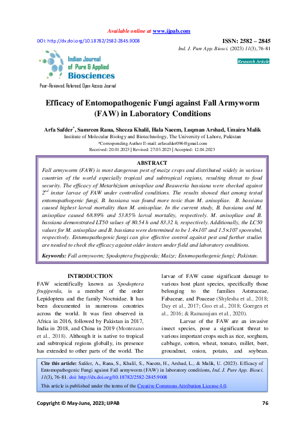 (PDF) Efficacy of Entomopathogenic Fungi against Fall Armyworm (FAW) in ...