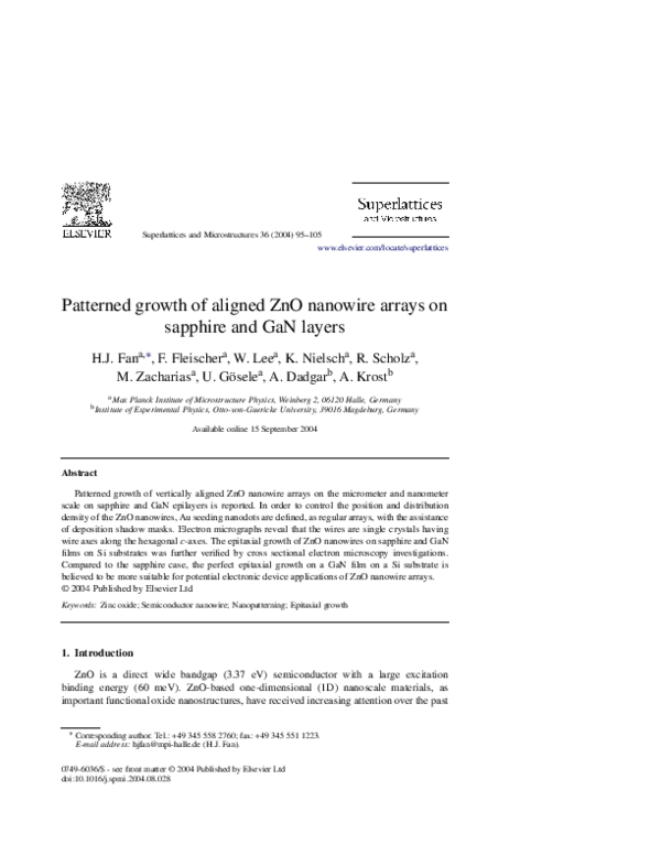 (PDF) Patterned growth of aligned ZnO nanowire arrays on sapphire and ...
