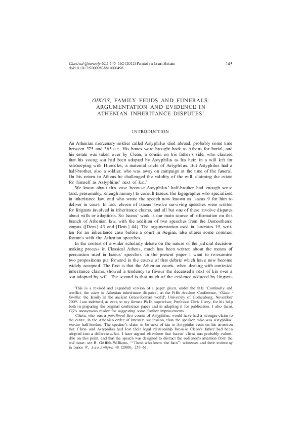 (PDF) OIKOS, FAMILY FEUDS AND FUNERALS: ARGUMENTATION AND EVIDENCE IN ...