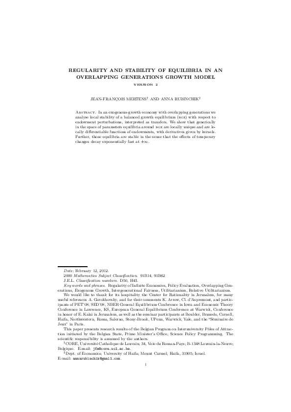 (PDF) Regularity And Stability Of Equilibria In An Overlapping ...