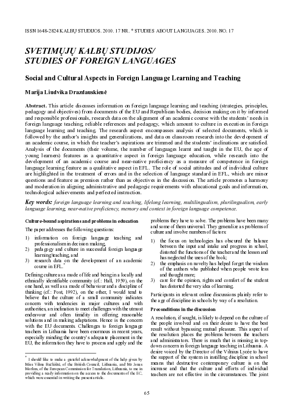 (PDF) Social and Cultural Aspects in Foreign Language Learning and Teaching