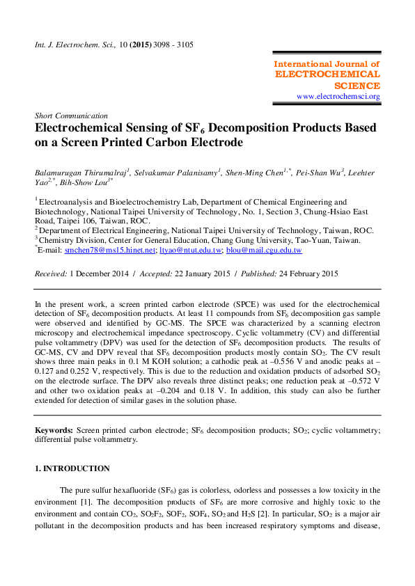 (PDF) Electrochemical Sensing of SF6 Decomposition Products Based on a ...