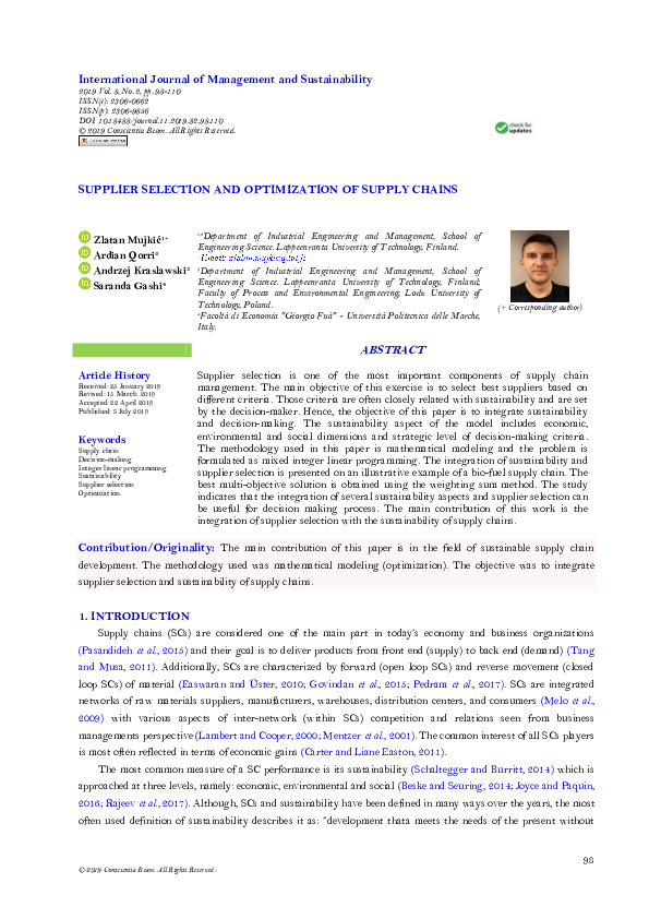 (PDF) Supplier Selection and Optimization of Supply Chains