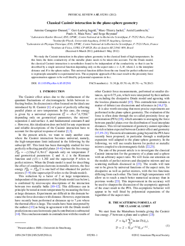 (PDF) Classical Casimir interaction in the plane-sphere geometry