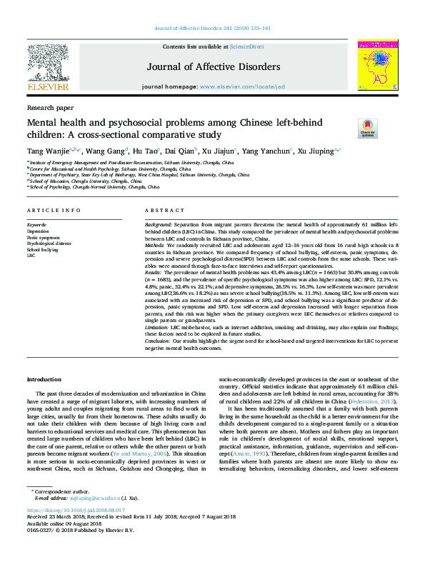 (PDF) Mental health and psychosocial problems among Chinese left-behind ...