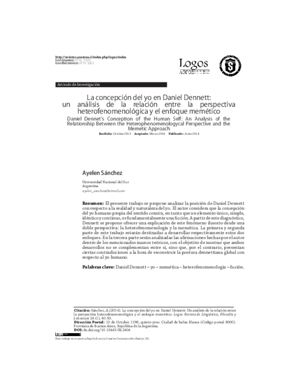 (PDF) La concepción del yo en Daniel Dennett: Un análisis de la ...