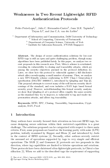 (PDF) Weaknesses in Two Recent Lightweight RFID Authentication Protocols