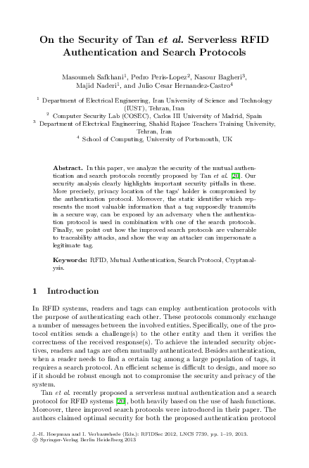 (PDF) On the Security of Tan et al. Serverless RFID Authentication and ...