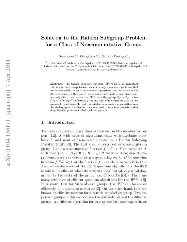(PDF) Solution to the Hidden Subgroup Problem for a Class of ...