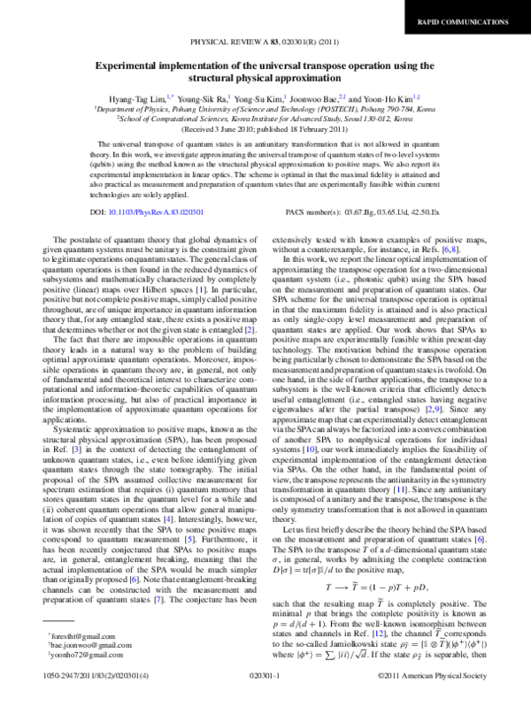 (PDF) Experimental implementation of the universal transpose operation ...