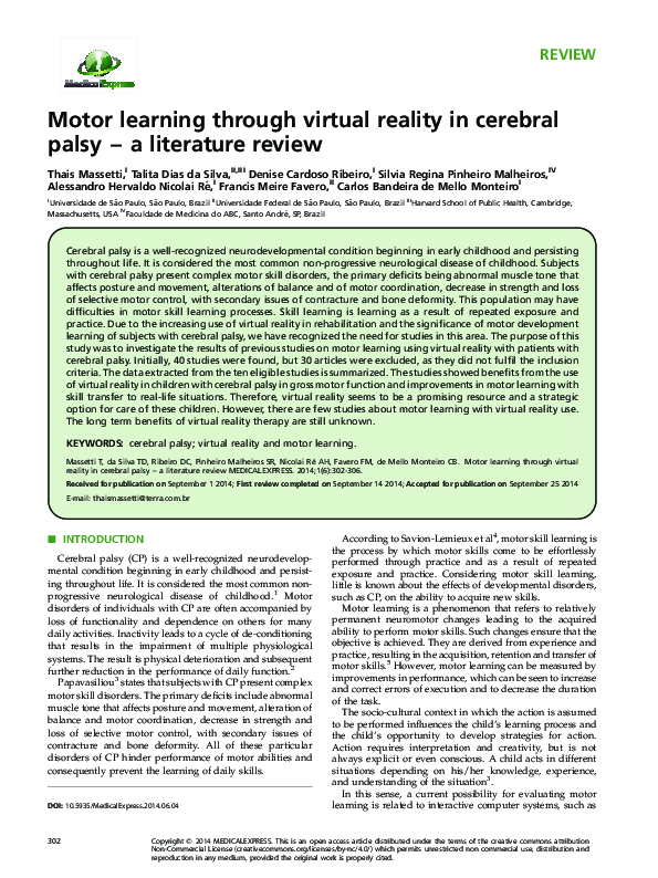 (PDF) Motor learning through virtual reality in cerebral palsy - a ...