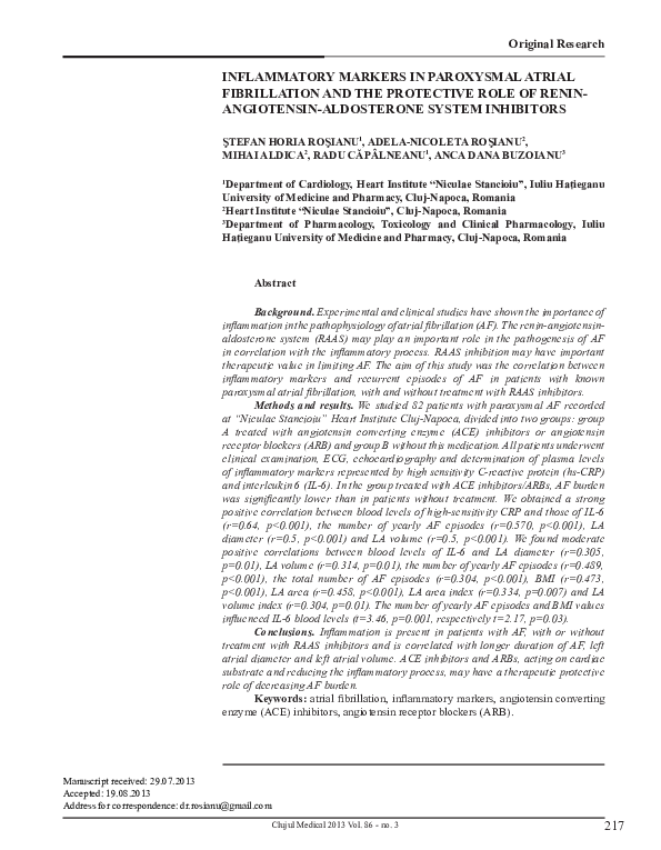 (PDF) Inflammatory markers in paroxysmal atrial fibrillation and the ...