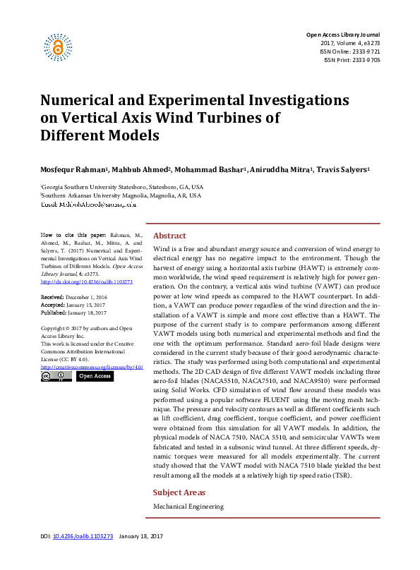 (PDF) Numerical and Experimental Investigations on Vertical Axis Wind ...