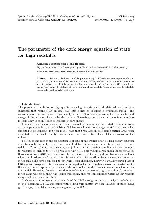 (PDF) The parameter of the dark energy equation of state for high redshifts