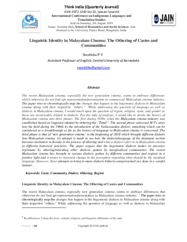 (PDF) Linguistic Identity in Malayalam Cinema: The othering of Castes ...