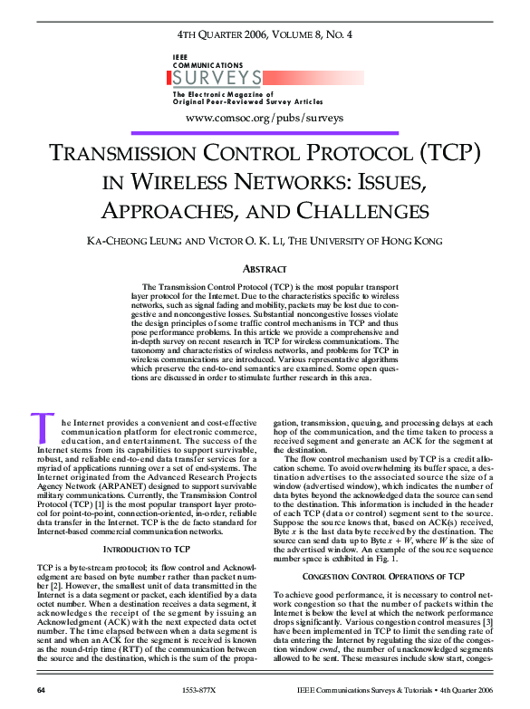 (PDF) Transmission control protocol (TCP) in wireless networks: issues ...