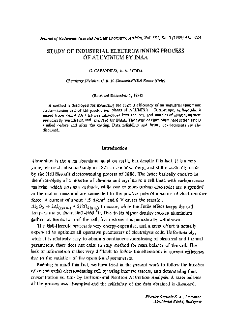 (PDF) Study of industrial electrowinning process of aluminium by INAA