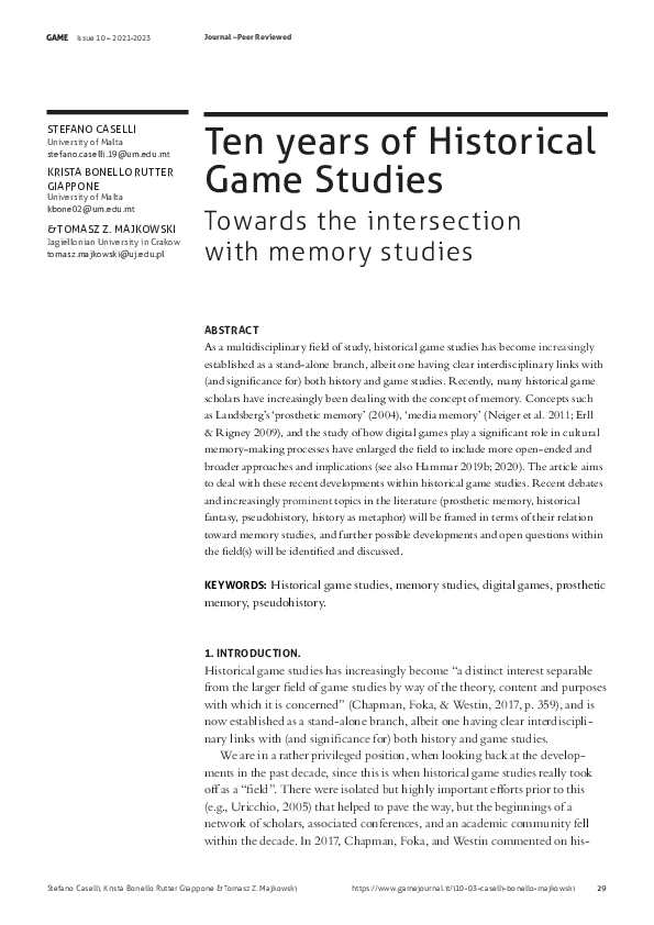 (PDF) 'Ten years of Historical Game Studies. Towards the Intersection ...