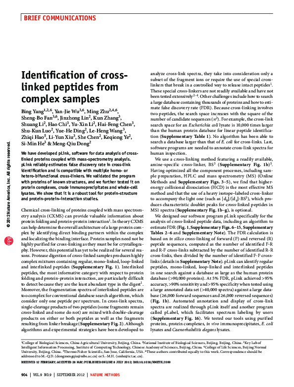 (PDF) Identification of cross-linked peptides from complex samples