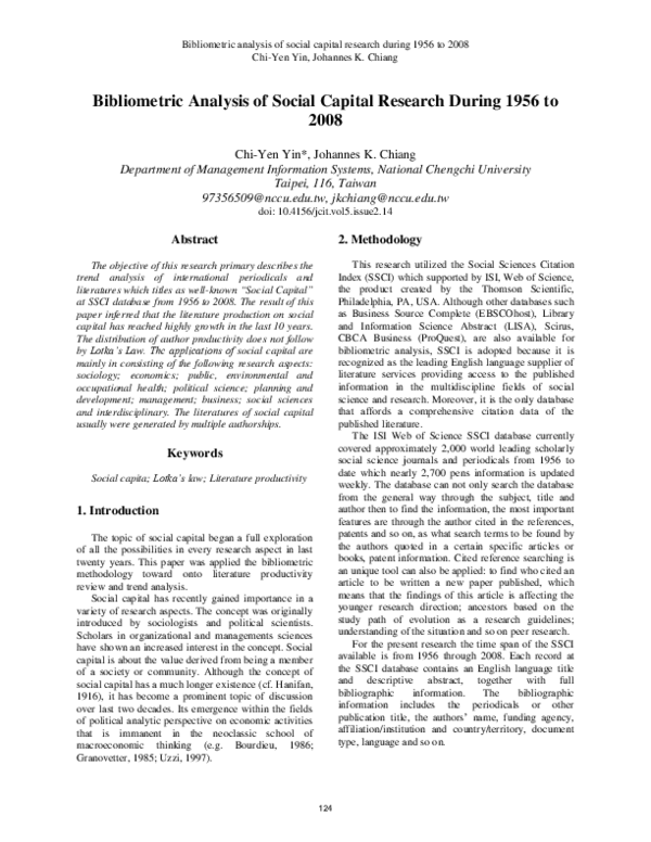 (PDF) Bibliometric Analysis of Social Capital Research during 1956 to 2008