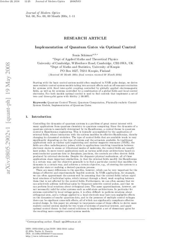 (PDF) Implementation of quantum gates via optimal control