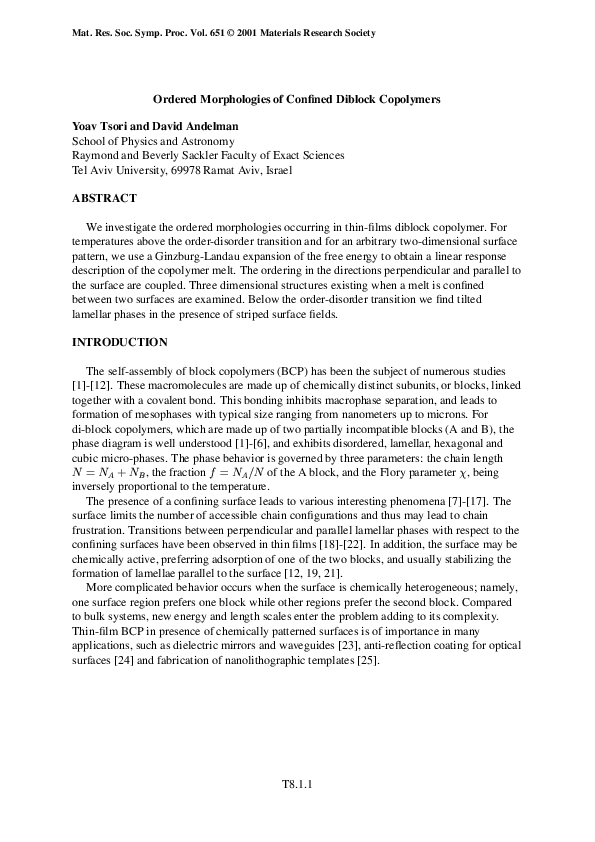 (PDF) Ordered Morphologies of Confined Diblock Copolymers