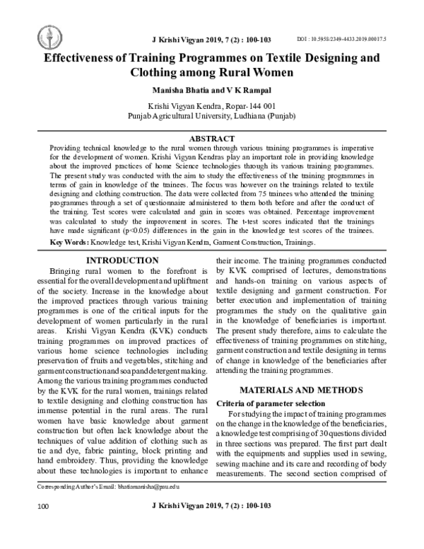 (PDF) Effectiveness of Training Programmes on Textile Designing and ...