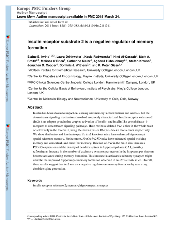 (PDF) Insulin receptor substrate 2 is a negative regulator of memory ...