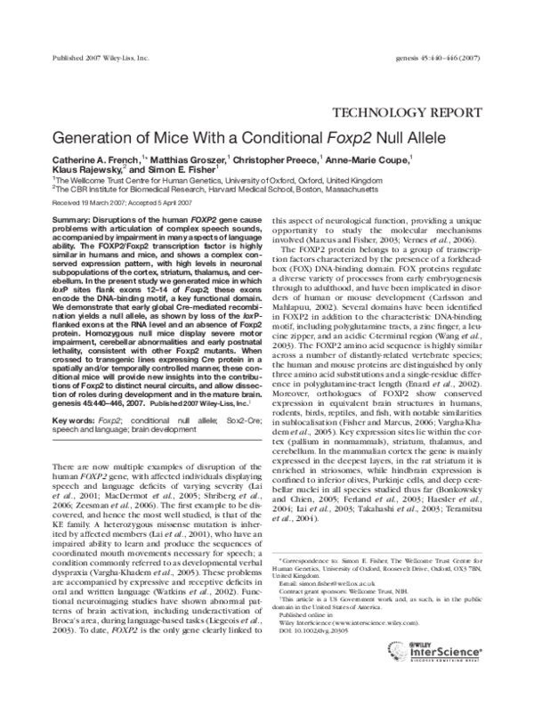 (PDF) Generation of mice with a conditional Foxp2 null allele